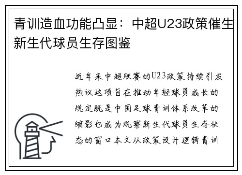 青训造血功能凸显：中超U23政策催生新生代球员生存图鉴